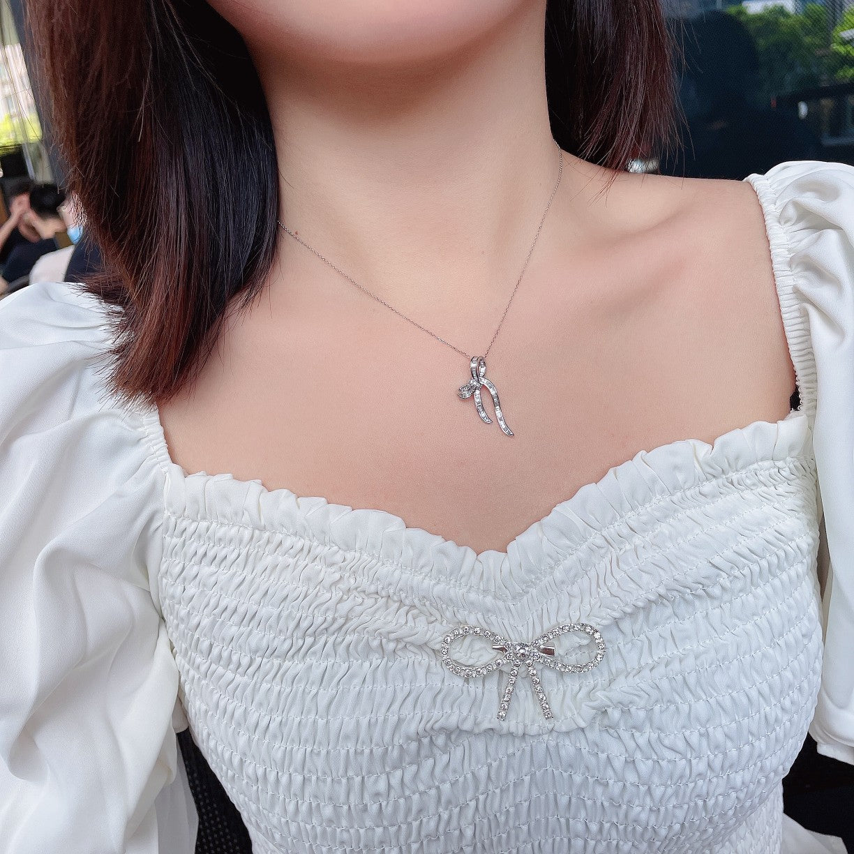 Vertical Bowknot Pendant Jewelry with Diamond Accent - White Diamond Pendant