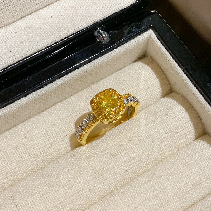 Yellow Diamond Pineapple Cube Sugar Light Luxury High-end Plain Ring