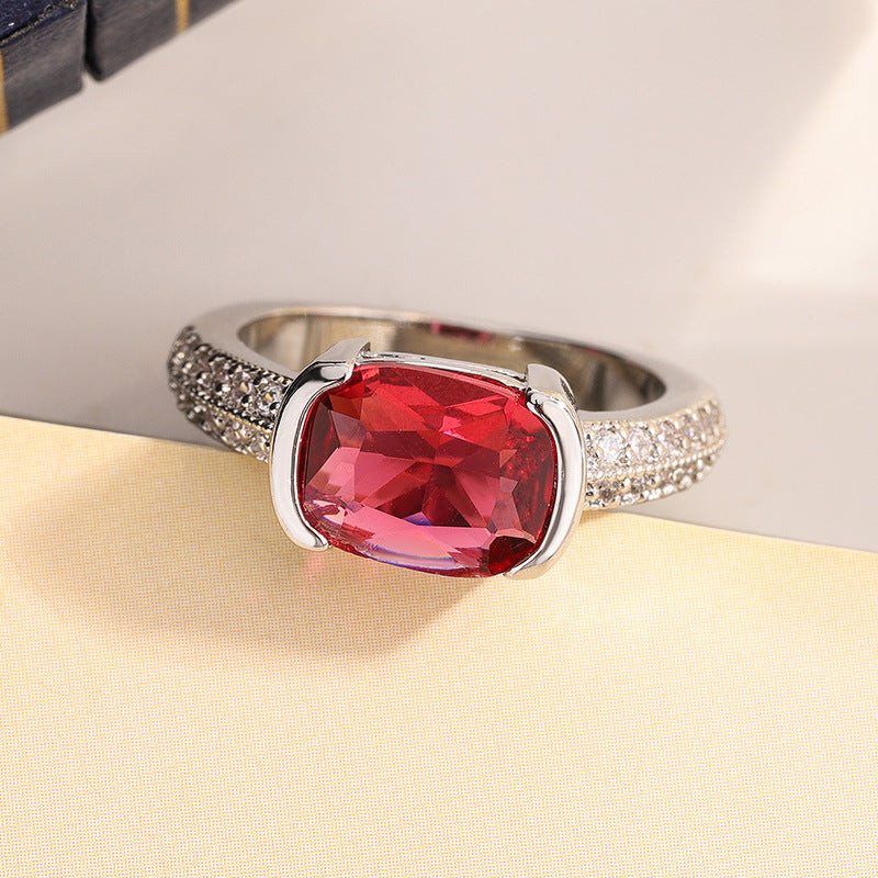 Micro-set Zircon Red Corundum Heart Square Diamond Ring For Women