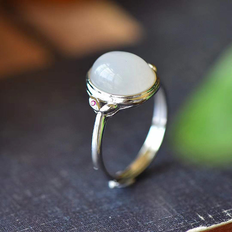 Trendy Egg-shaped Jade-inlaid Open Ring