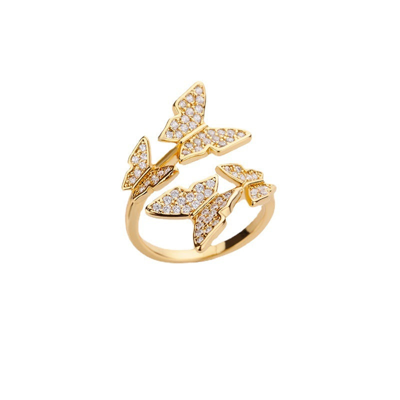 Personality Zircon Butterfly Ring Exquisite Three-dimensional Ring Adjustable Ring Open Ring Women