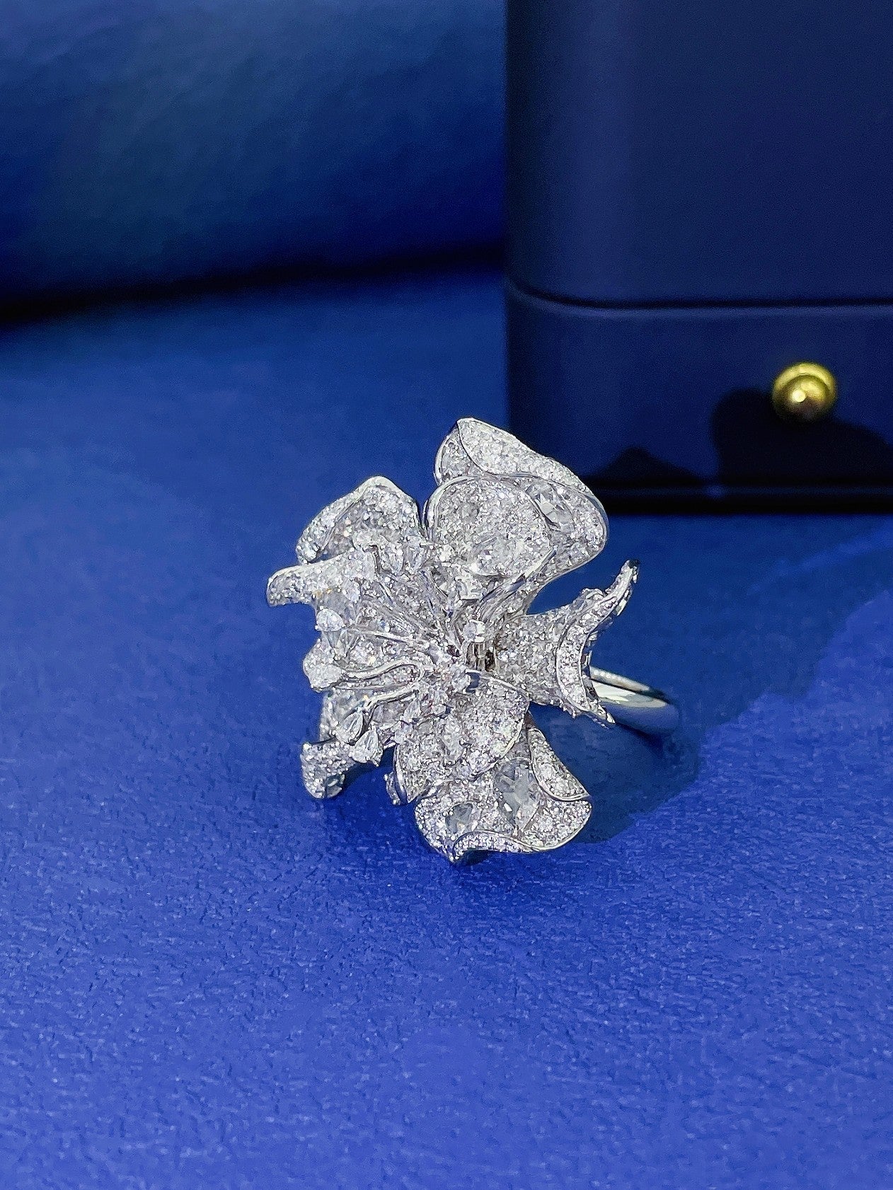 18K Diamond Double Flower Dewdrop Ring - Premium Jewelry - Empty tray