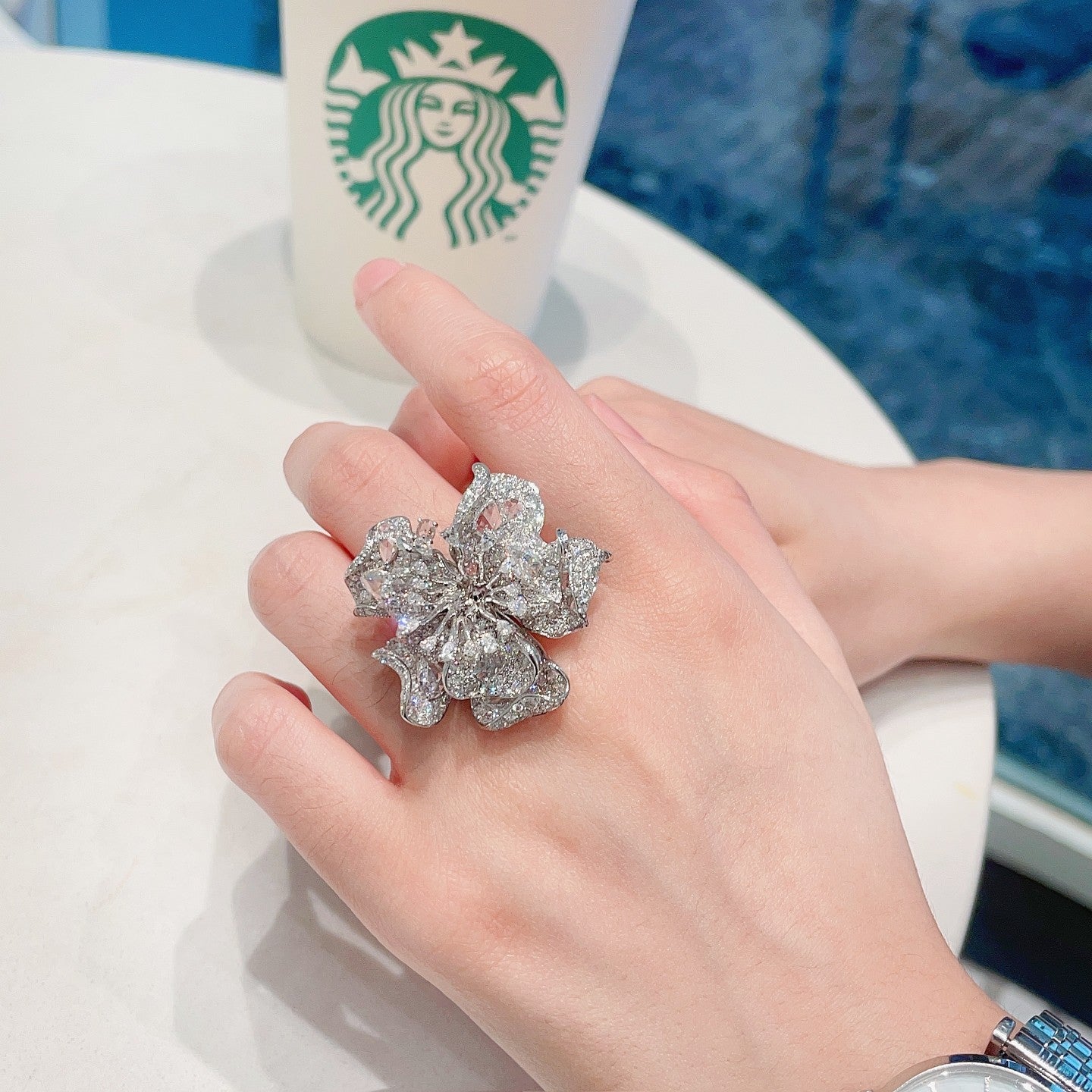 18K Diamond Double Flower Dewdrop Ring - Premium Jewelry - Empty tray