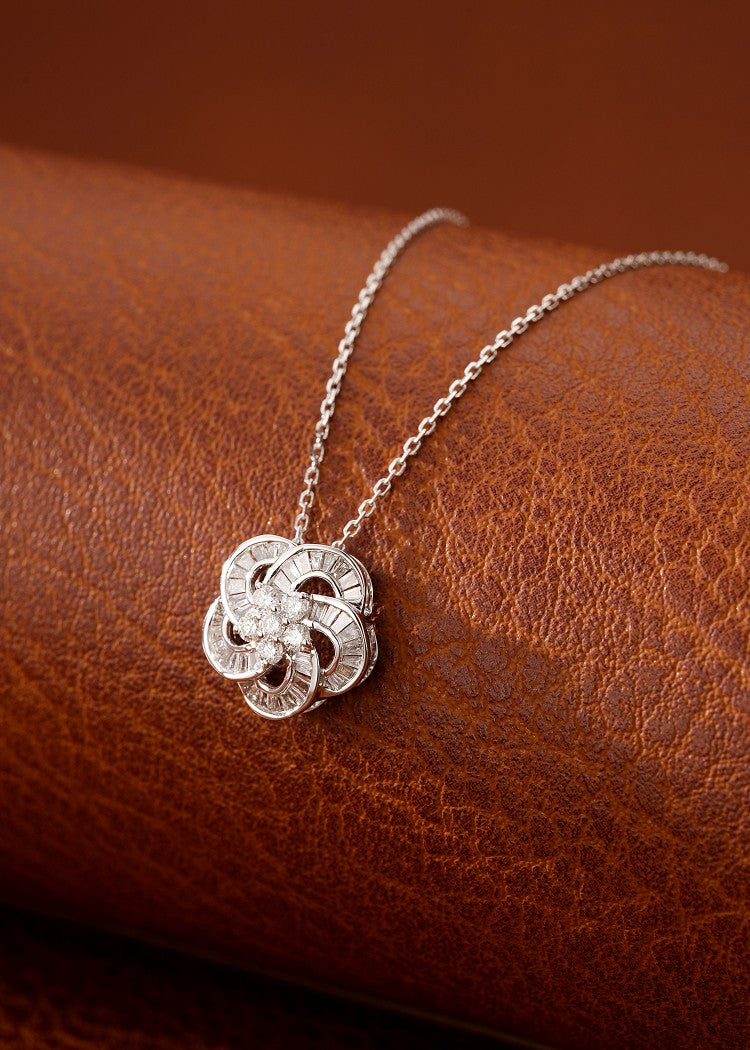 18K Diamond Five-Petal Flower Step Cut Necklace - Elegant Jewelry Piece - White Diamond Necklace