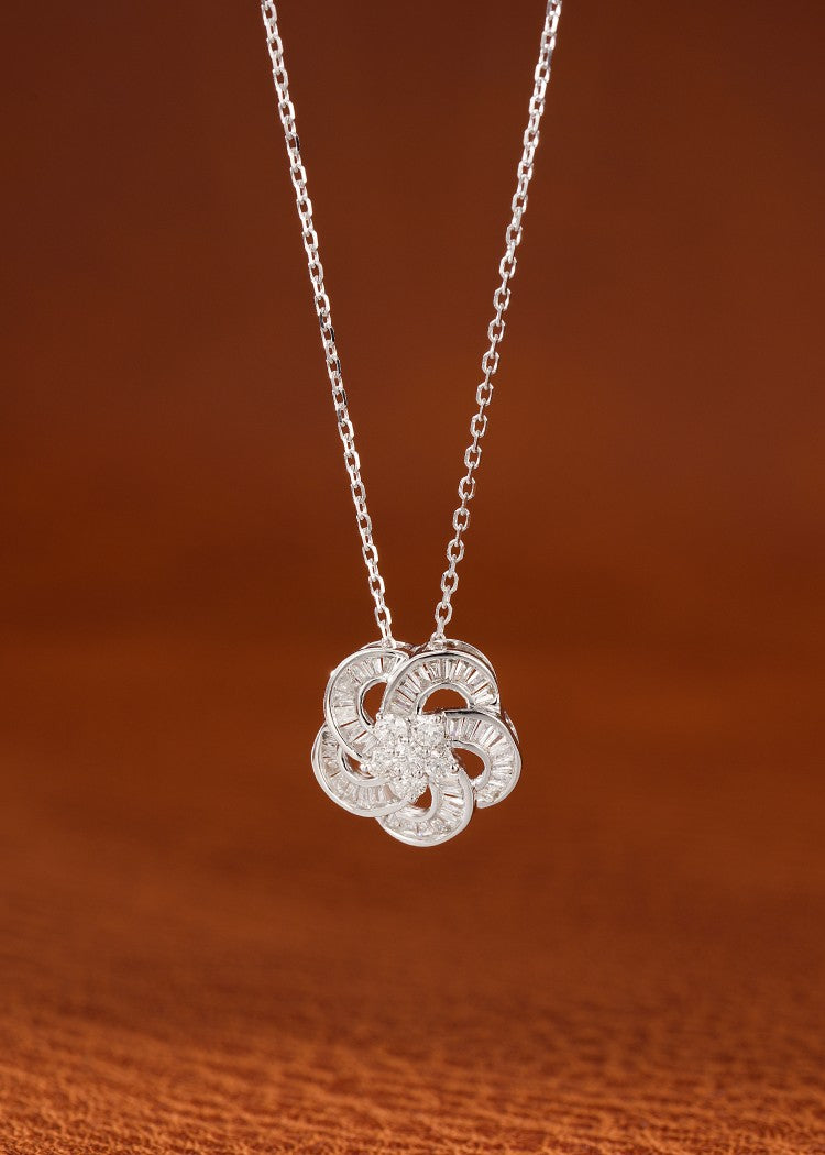 18K Diamond Five-Petal Flower Step Cut Necklace - Elegant Jewelry Piece - White Diamond Necklace