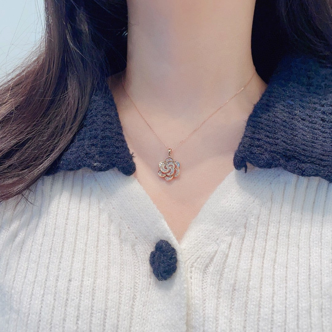 18K Diamond Flower Pendant Necklace with Melon Seed Clasp - White Diamond Necklace