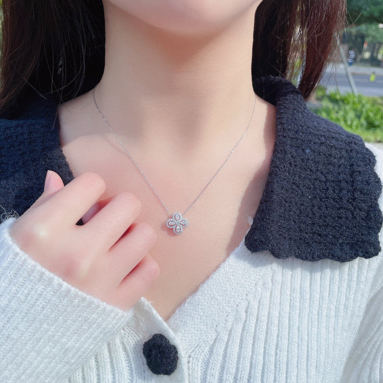 18K Diamond Four-Leaf Clover Pendant Necklace with Drop Design - White Diamond Necklace