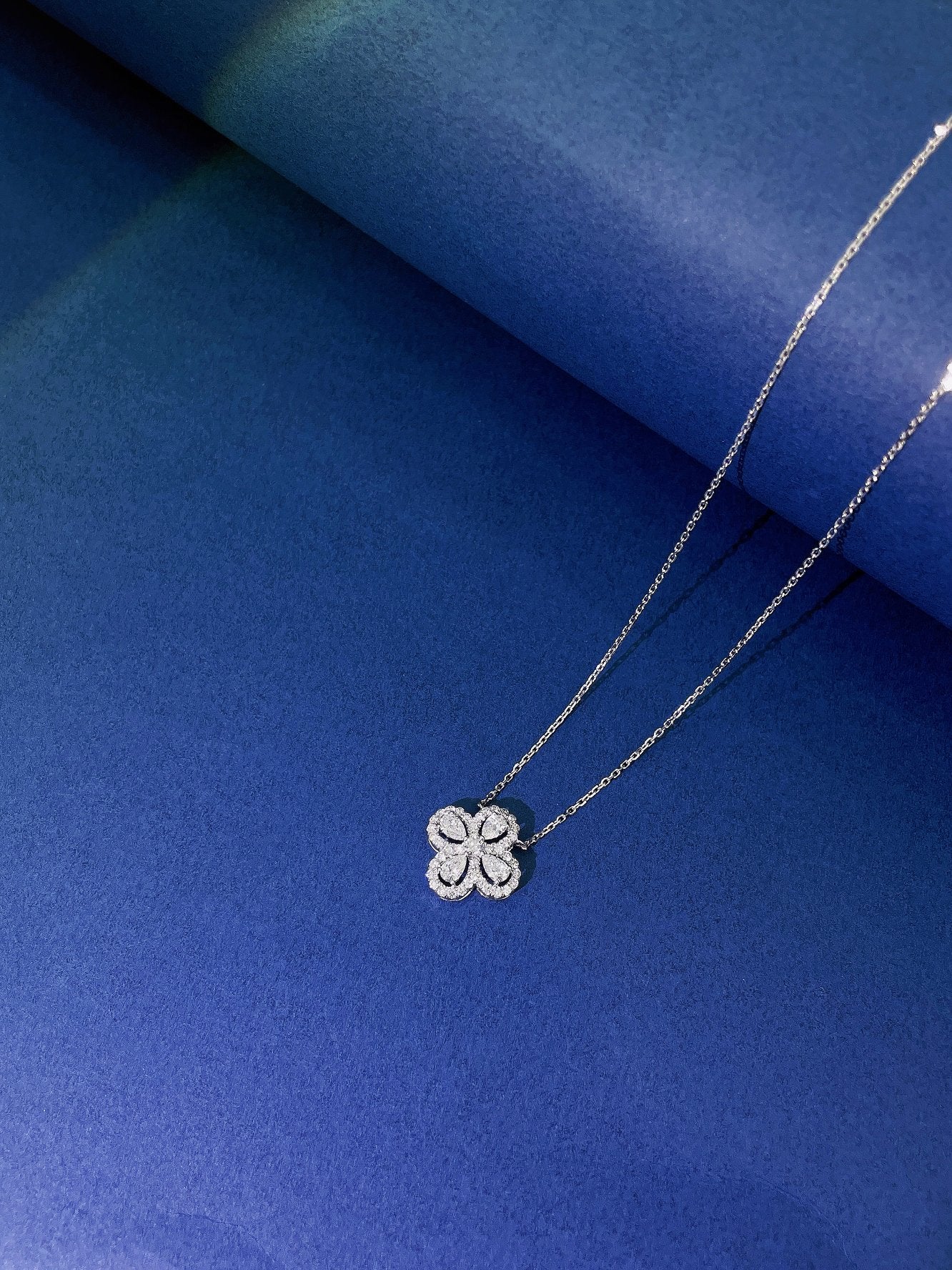 18K Diamond Four-Leaf Clover Pendant Necklace with Drop Design - White Diamond Necklace