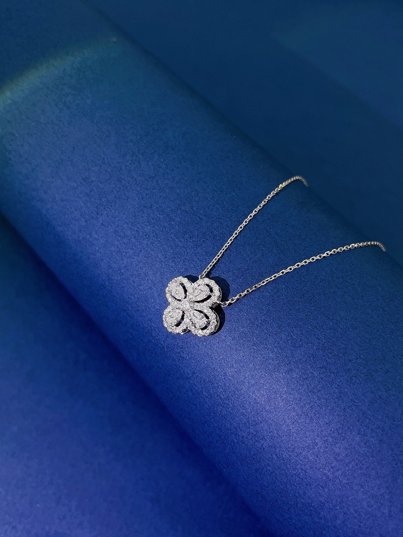 18K Diamond Four-Leaf Clover Pendant Necklace with Drop Design - White Diamond Necklace