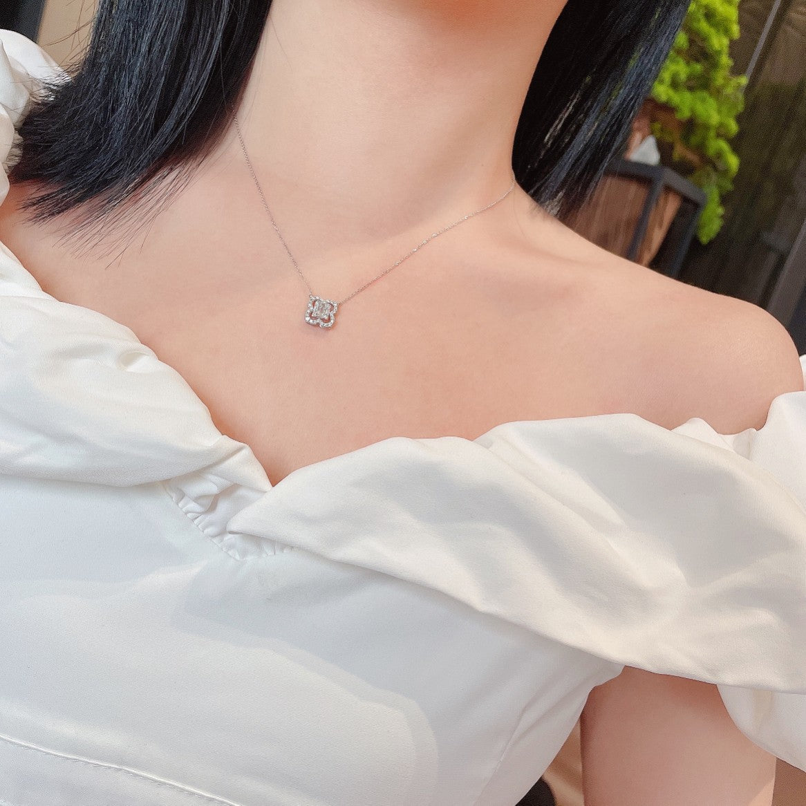 18K Diamond Four-Leaf Clover Step-Cut Necklace - Luxury Jewelry - White Diamond Necklace