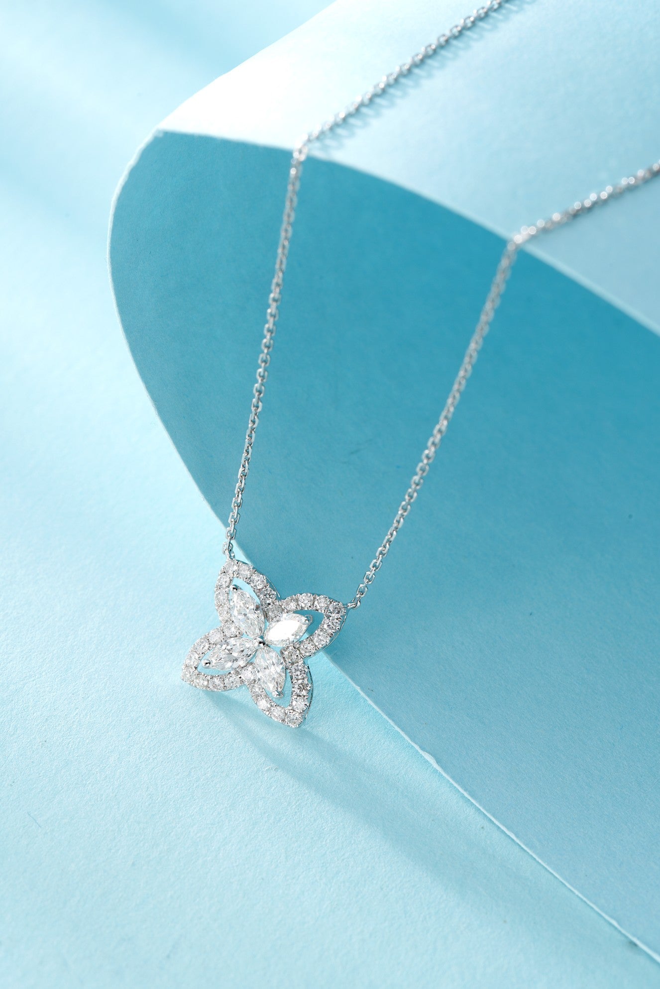 18K Diamond Four-Leaf Marquise Necklace - Exquisite Jewelry - White Diamond Necklace