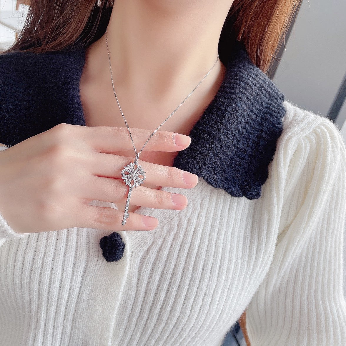 18K Diamond Marquise Key Pendant Necklace - Exquisite Jewelry - White Diamond Necklace