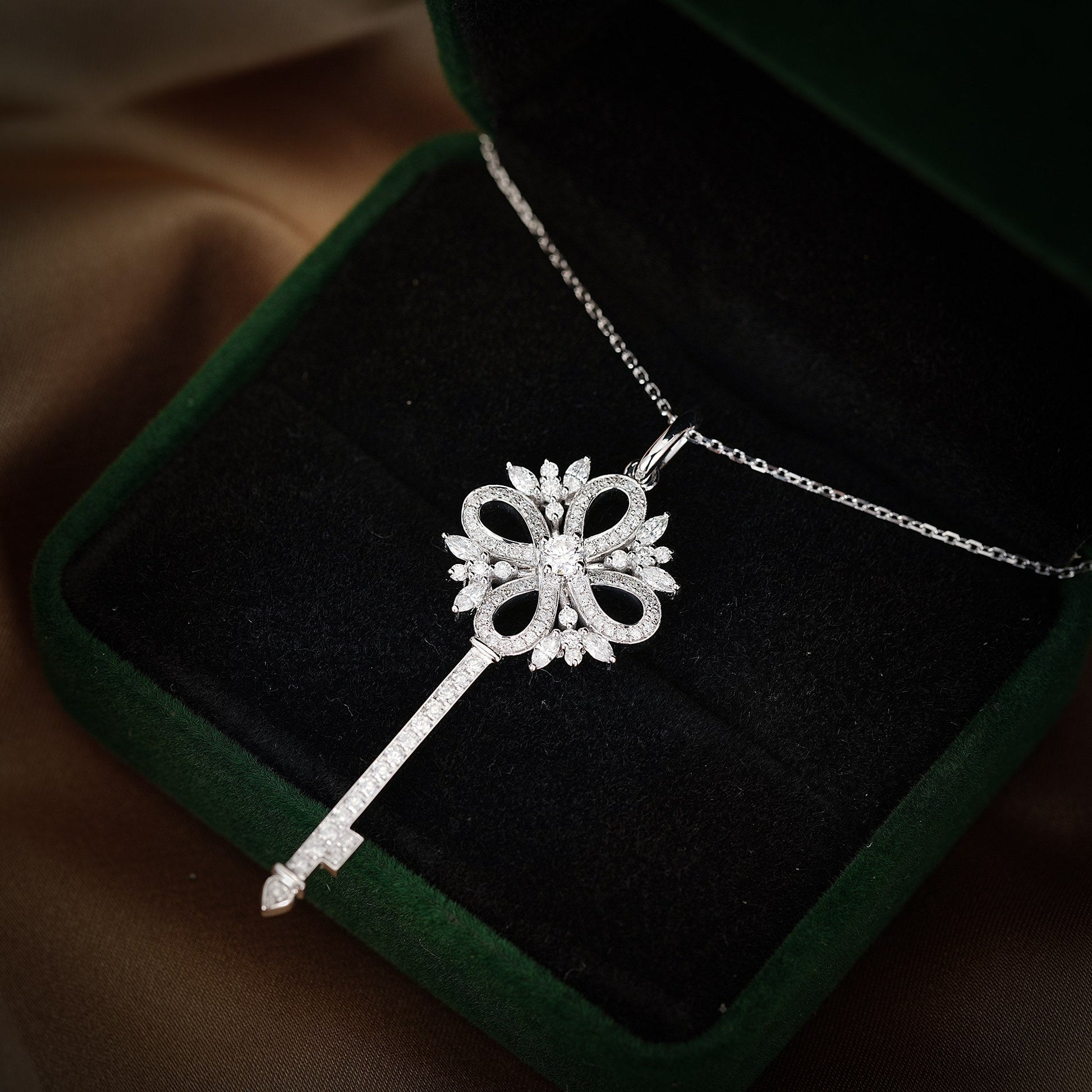 18K Diamond Marquise Key Pendant Necklace - Exquisite Jewelry - White Diamond Necklace