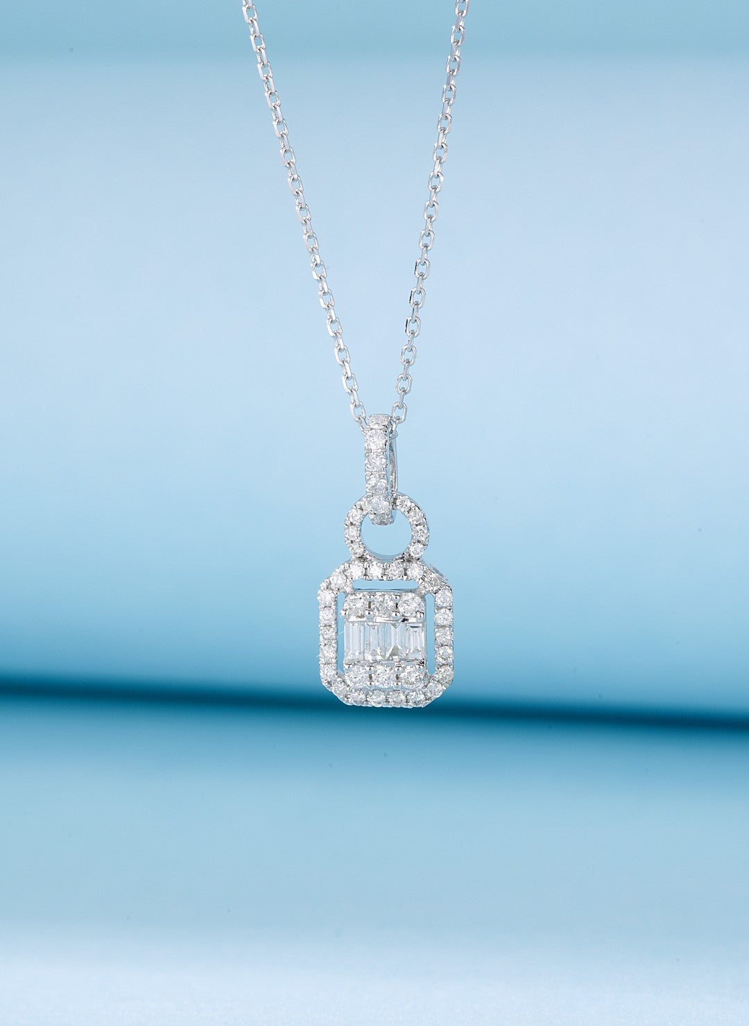 18K Diamond Square Sugar Loaf Step Cut Necklace - Elegant Jewelry Piece - White Diamond Necklace