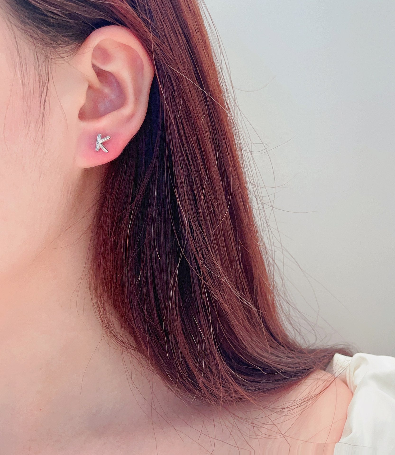 18K Diamond Tiny Stud Earrings with K Initial - Jeweler.Jewelry