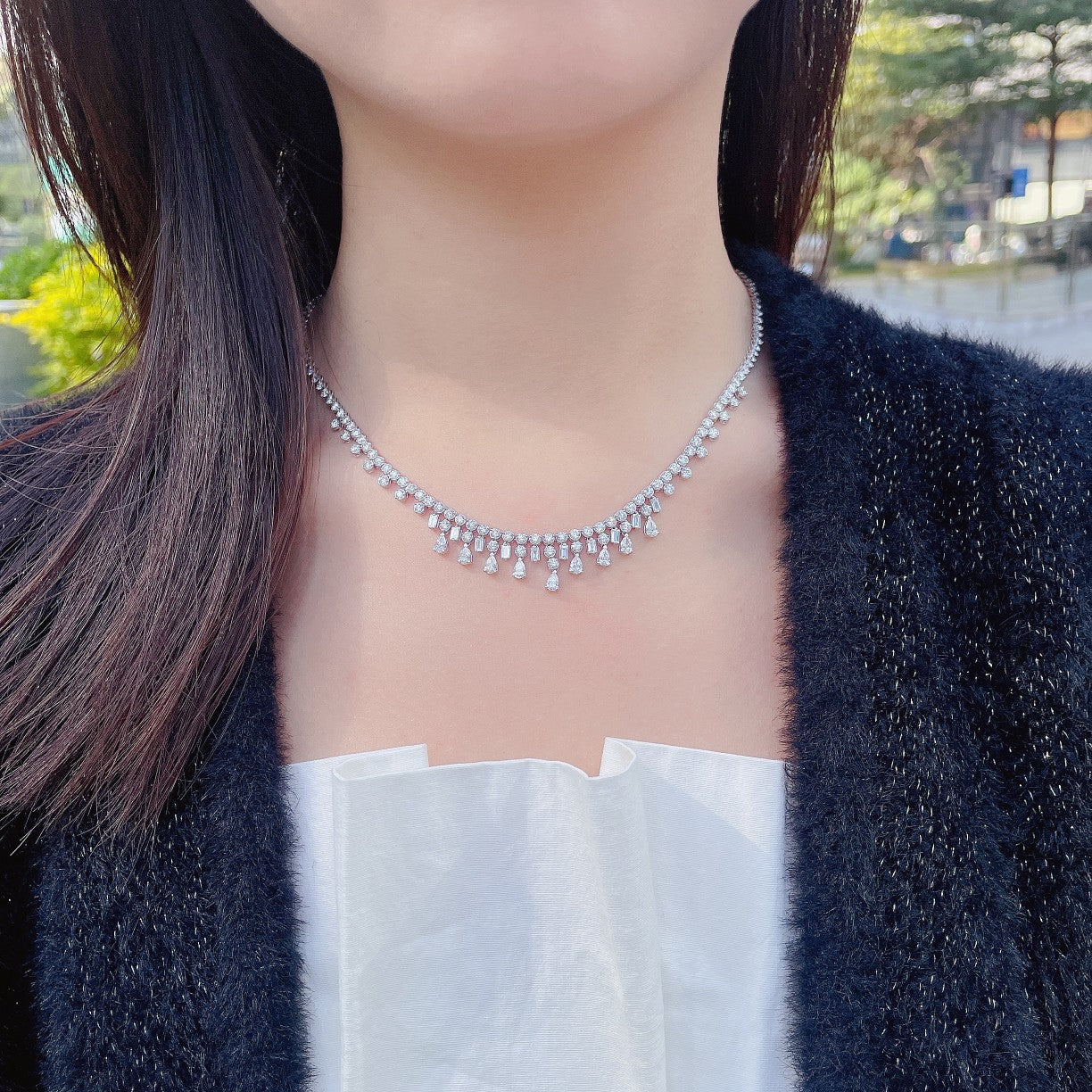 18K Diamond Waterdrop Full-Pave Necklace - Luxury Jewelry - White Diamond Chain