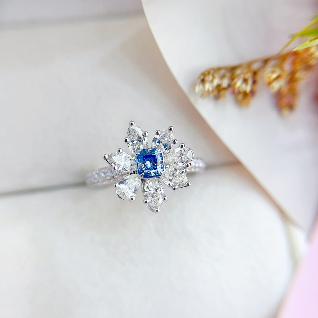 18K Gold Blue Diamond Pillow-Shaped Seven-Flower Dual-Wear Jewelry - Blue Diamond Ring