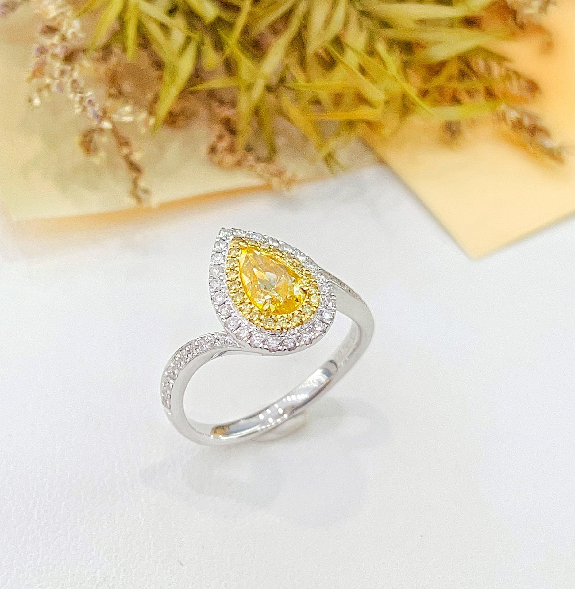 18K Gold Diamond Drop Ring with Twist Arm - Luxury Jewelry - Yellow Diamond Ring