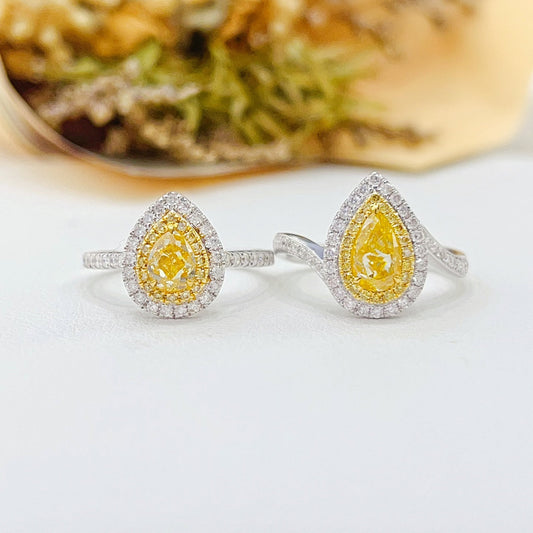 18K Gold Diamond Drop Ring with Twist Arm - Luxury Jewelry - Yellow Diamond Ring
