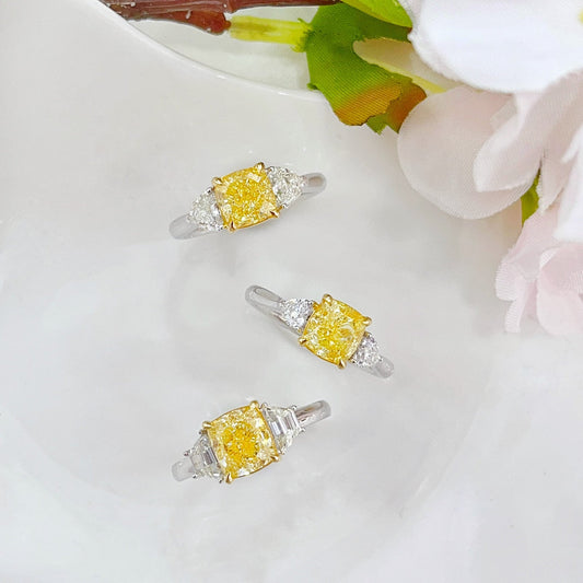 18K Gold Diamond GIA Cushion Cut Double Shield Ring - Premium Jewelry - GIA Yellow Diamond Ring