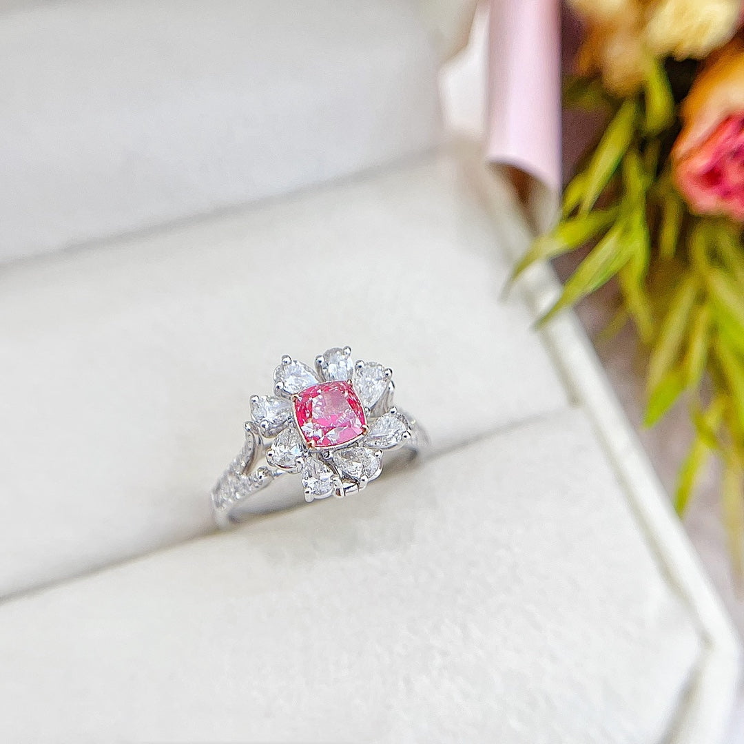 18K Gold Diamond Pillow Shape Y-Arm Two-Way Wear Ring - Premium Jewelry - Pink Diamond Ring