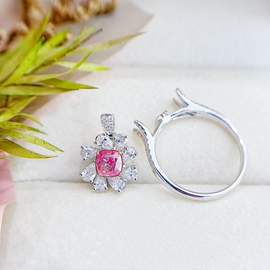 18K Gold Diamond Pillow Shape Y-Arm Two-Way Wear Ring - Premium Jewelry - Pink Diamond Ring