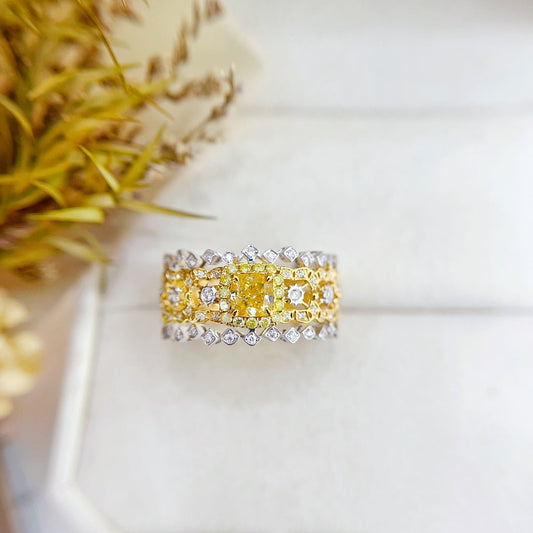 18K Gold Yellow Diamond Cushion Hive Two-Tone Ring | Premium Jewelry - Yellow Diamond Ring