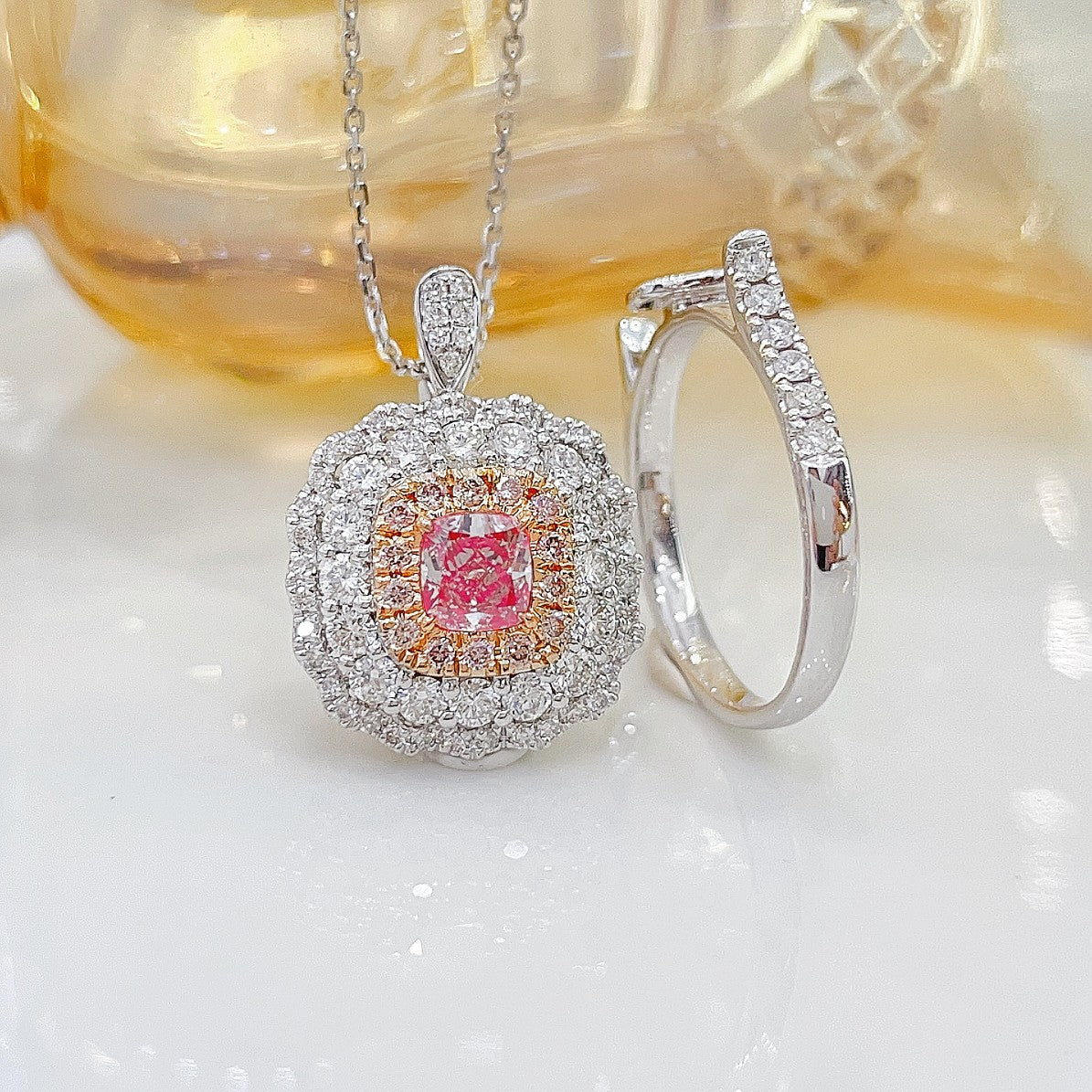 18K Pink Diamond Cushion Halo Two-Way Wear Jewelry - Pink Diamond Ring