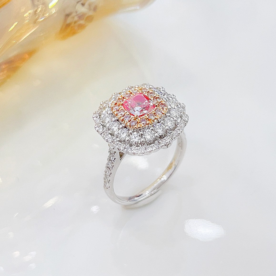 18K Pink Diamond Cushion Halo Two-Way Wear Jewelry - Pink Diamond Ring