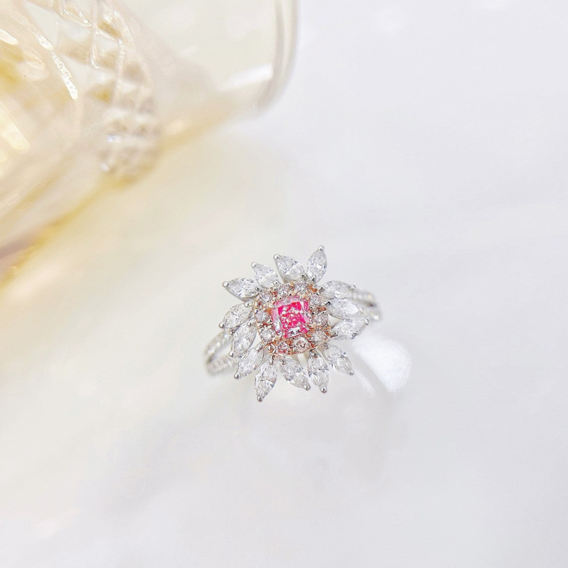 18K Pink Diamond Cushion Marquise Double-Arm Ring - Premium Jewelry - Pink Diamond Ring