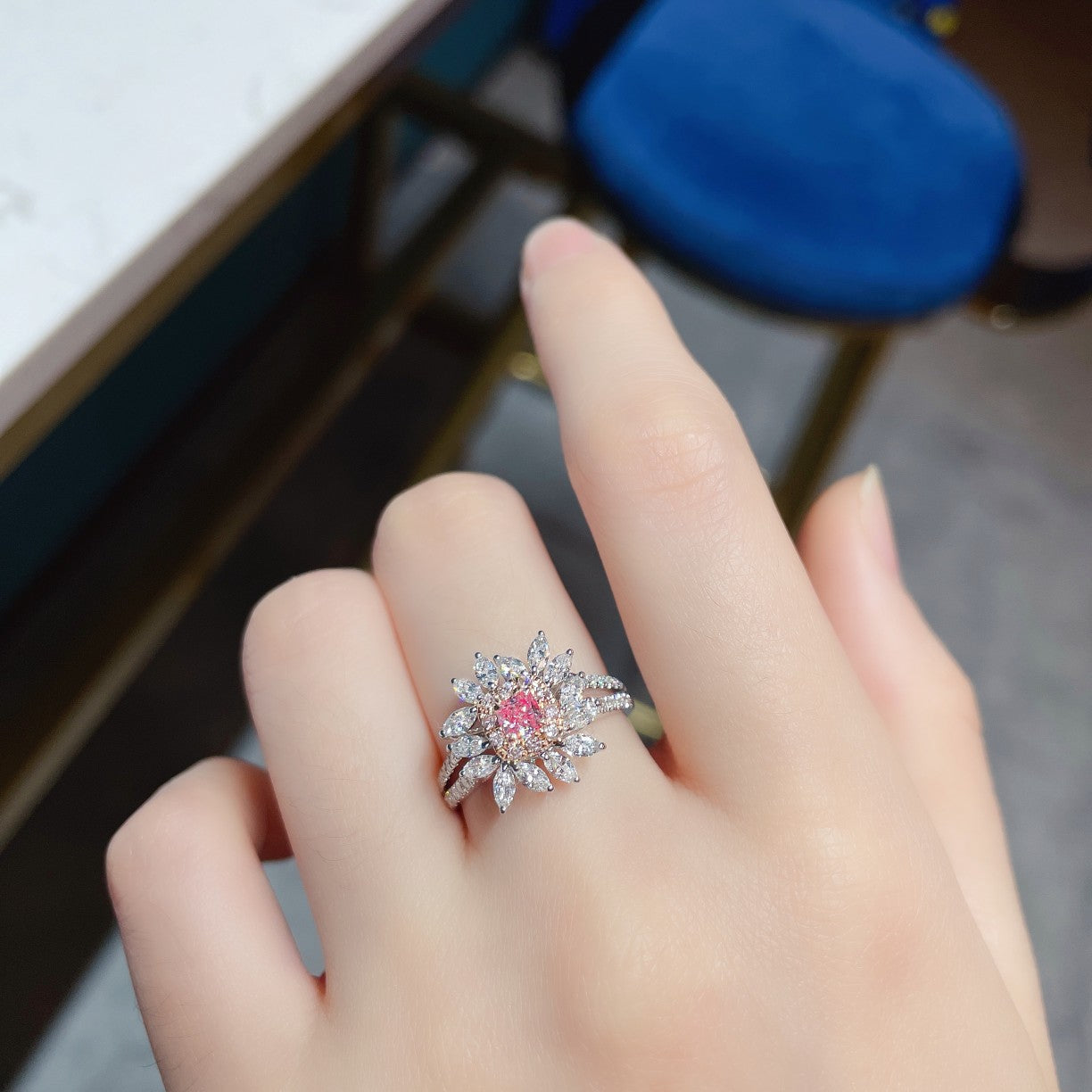 18K Pink Diamond Cushion Marquise Double-Arm Ring - Premium Jewelry - Pink Diamond Ring