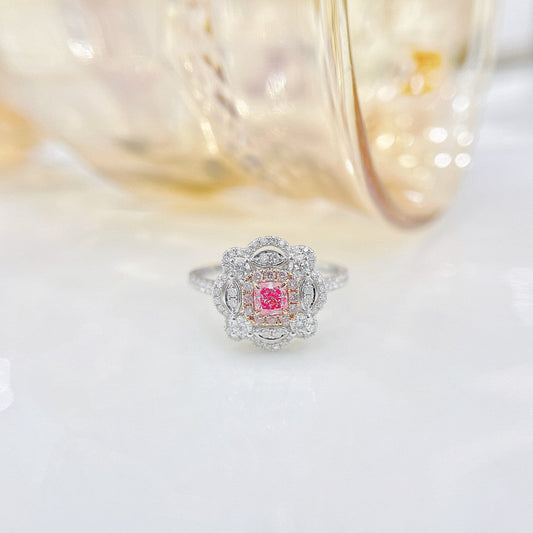 18K Pink Diamond Cushion-Shaped Double Halo Flower Ring - Luxury Jewelry - Pink Diamond Ring