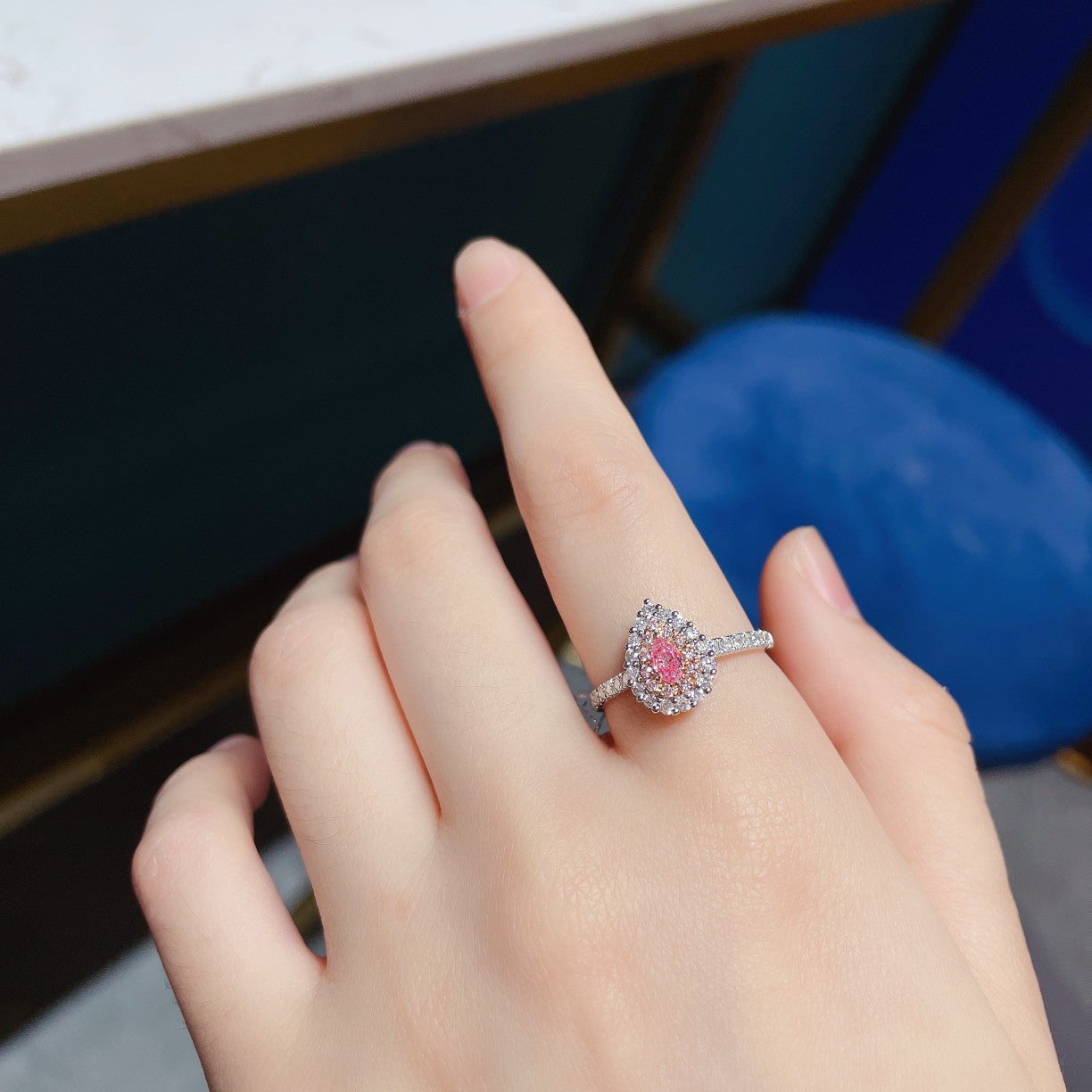 18K Pink Diamond Delicate Drop Ring - Luxury Jewelry Collection - Pink Diamond Ring