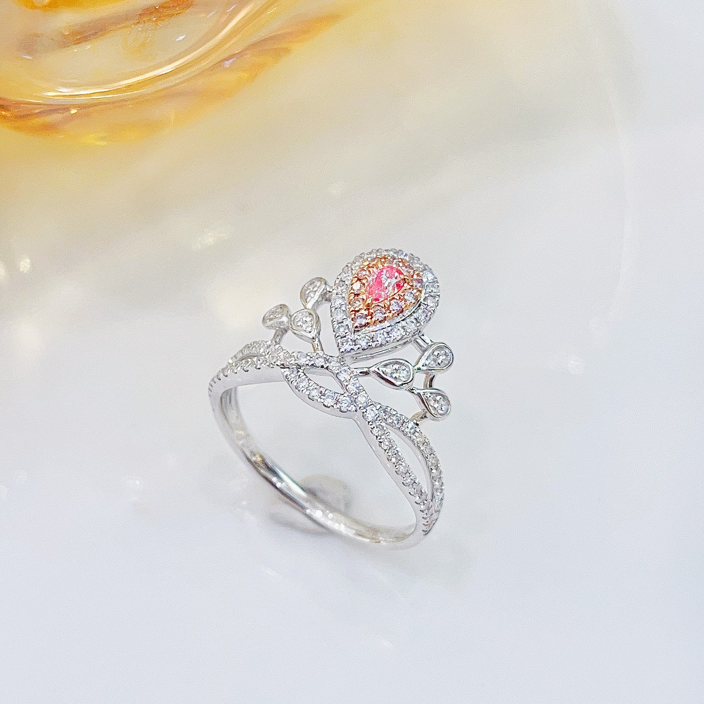 18K Pink Diamond Drop Crown Ring - Exquisite Jewelry Piece - Pink Diamond Ring