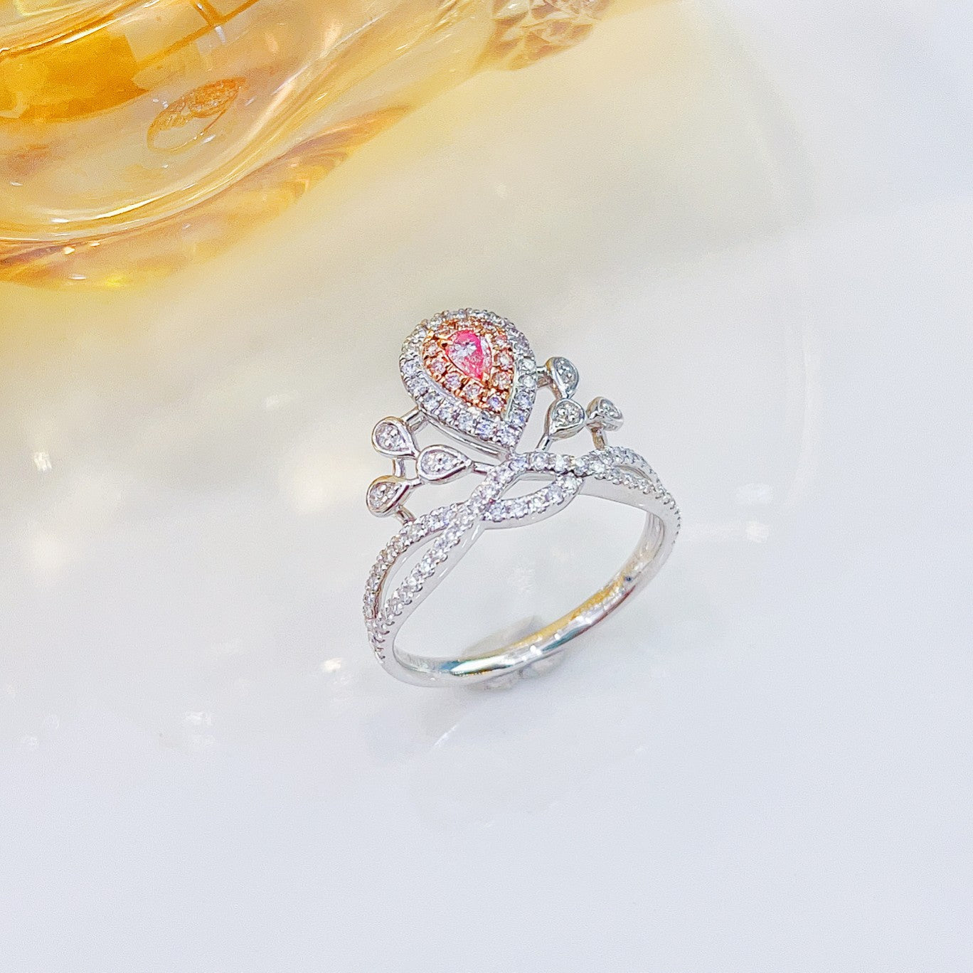 18K Pink Diamond Drop Crown Ring - Exquisite Jewelry Piece - Pink Diamond Ring