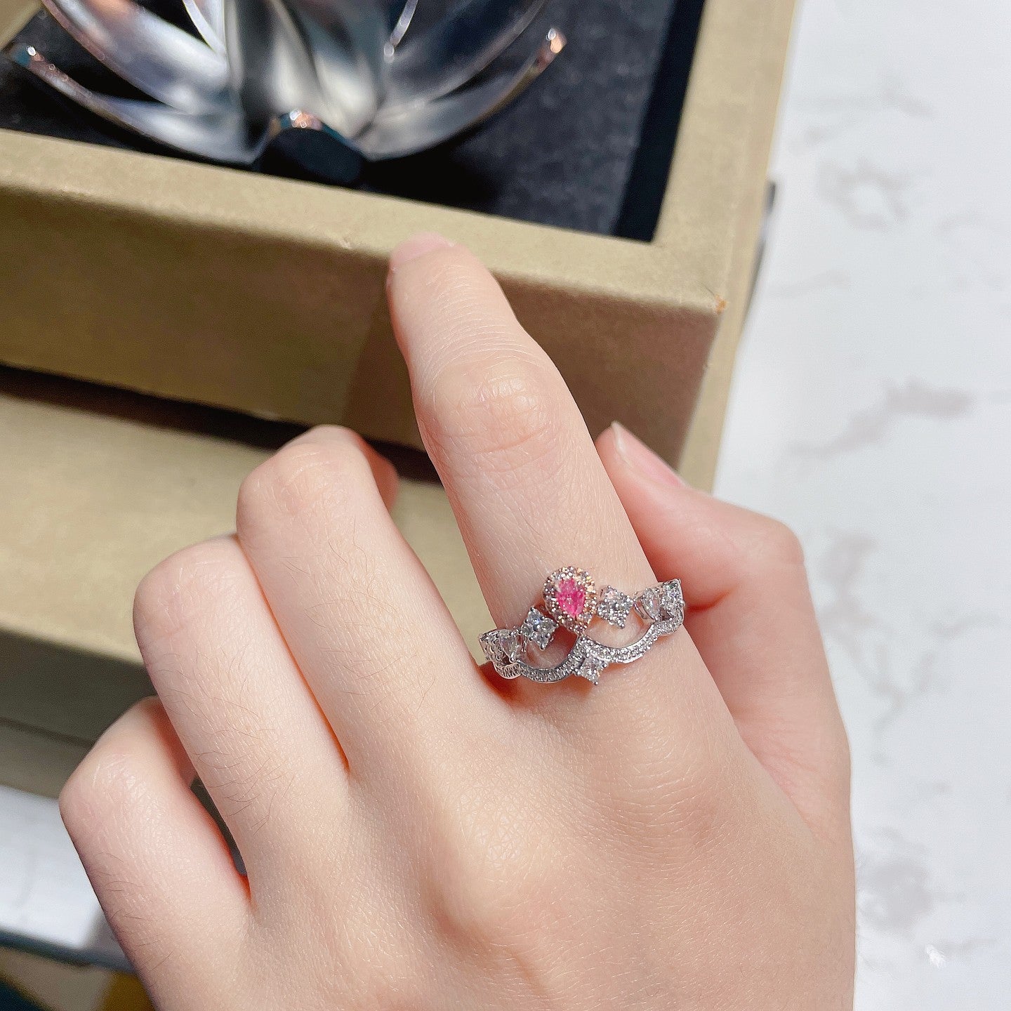 18K Pink Diamond Drop Princess Square Crown Ring - Luxury Jewelry - Pink Diamond Ring