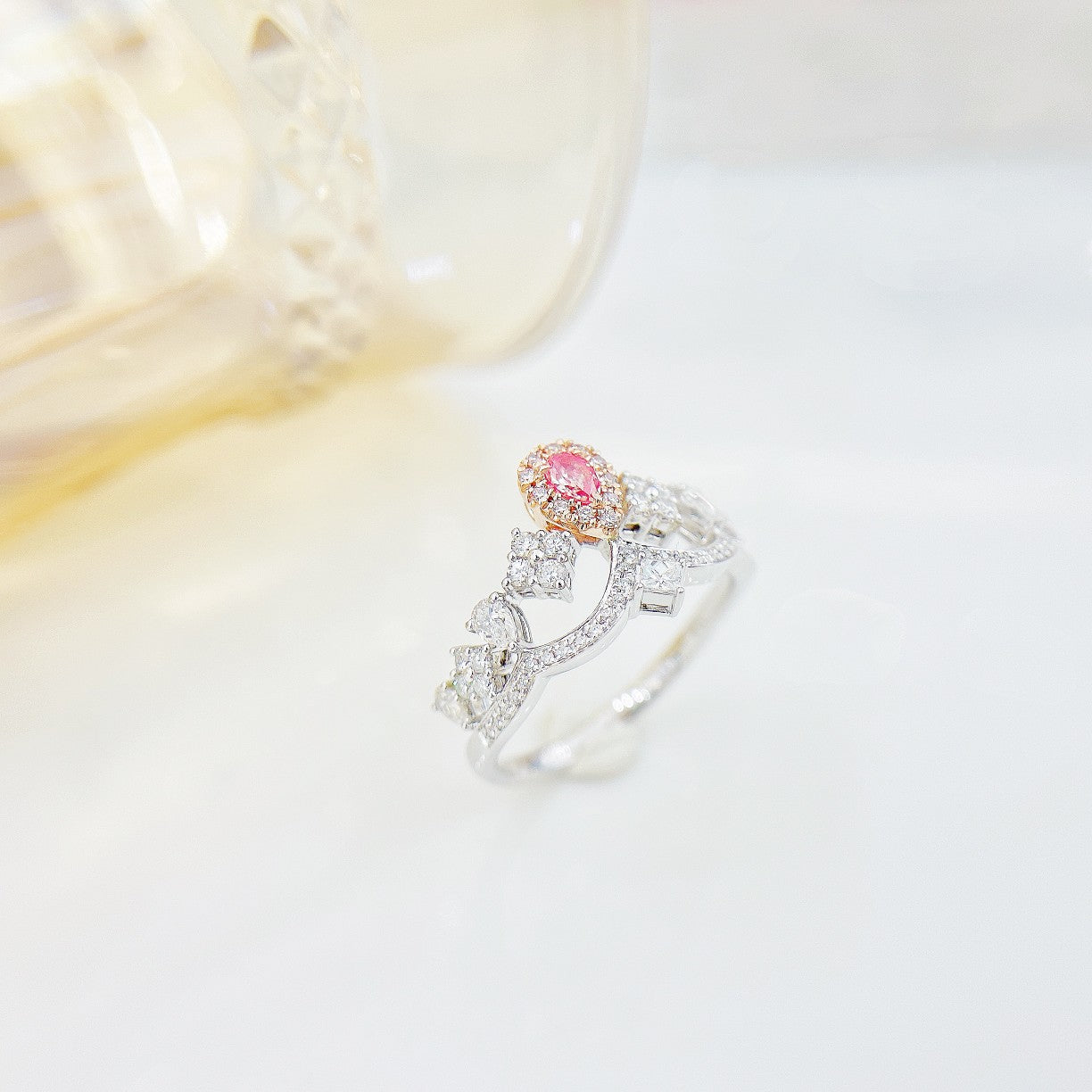 18K Pink Diamond Drop Princess Square Crown Ring - Luxury Jewelry - Pink Diamond Ring