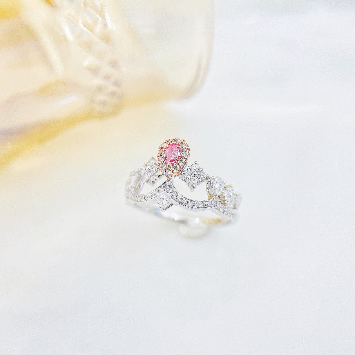 18K Pink Diamond Drop Princess Square Crown Ring - Luxury Jewelry - Pink Diamond Ring