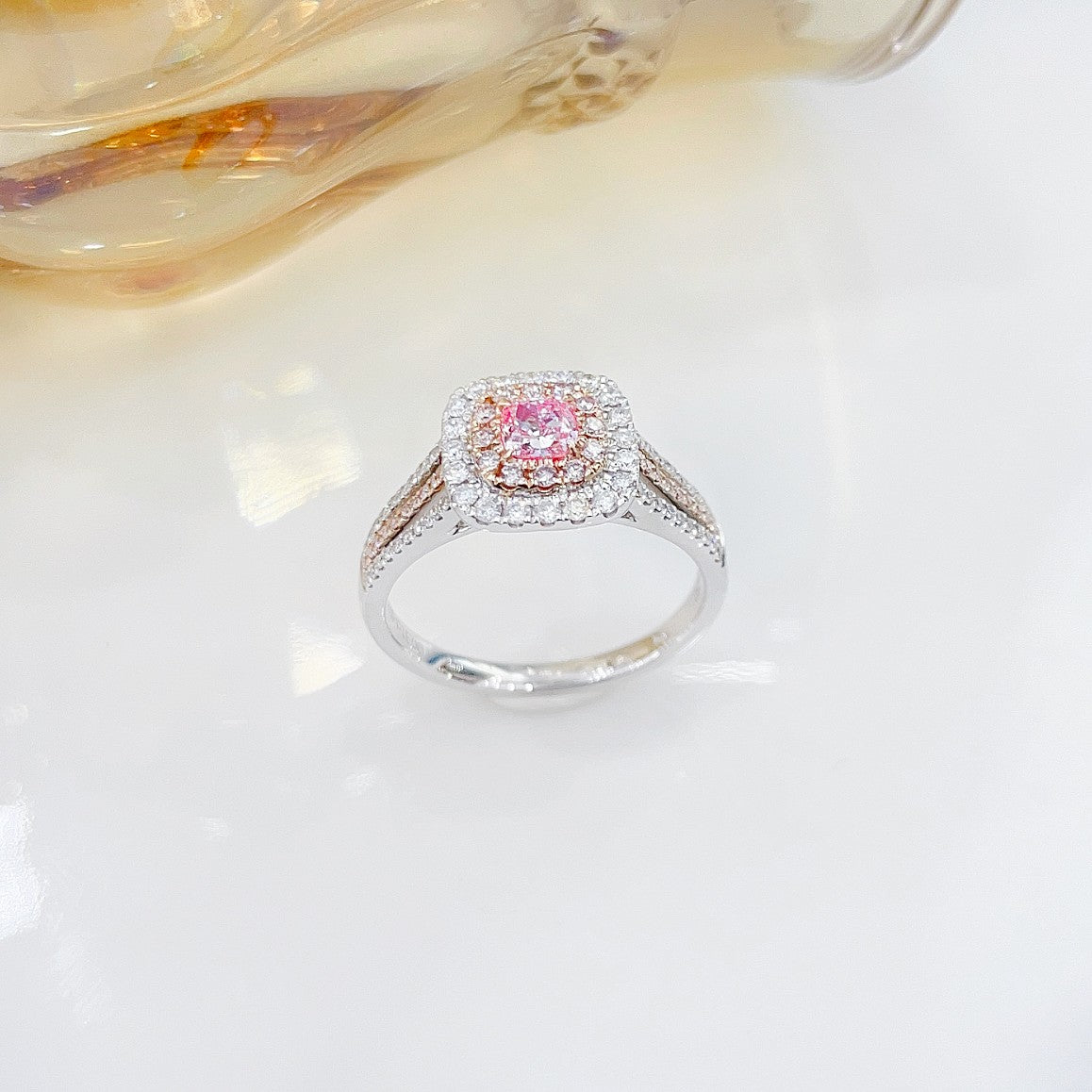 18K Pink Diamond GIA Double Halo Color Split Ring - Luxurious Jewelry - GIA Pink Diamond Ring