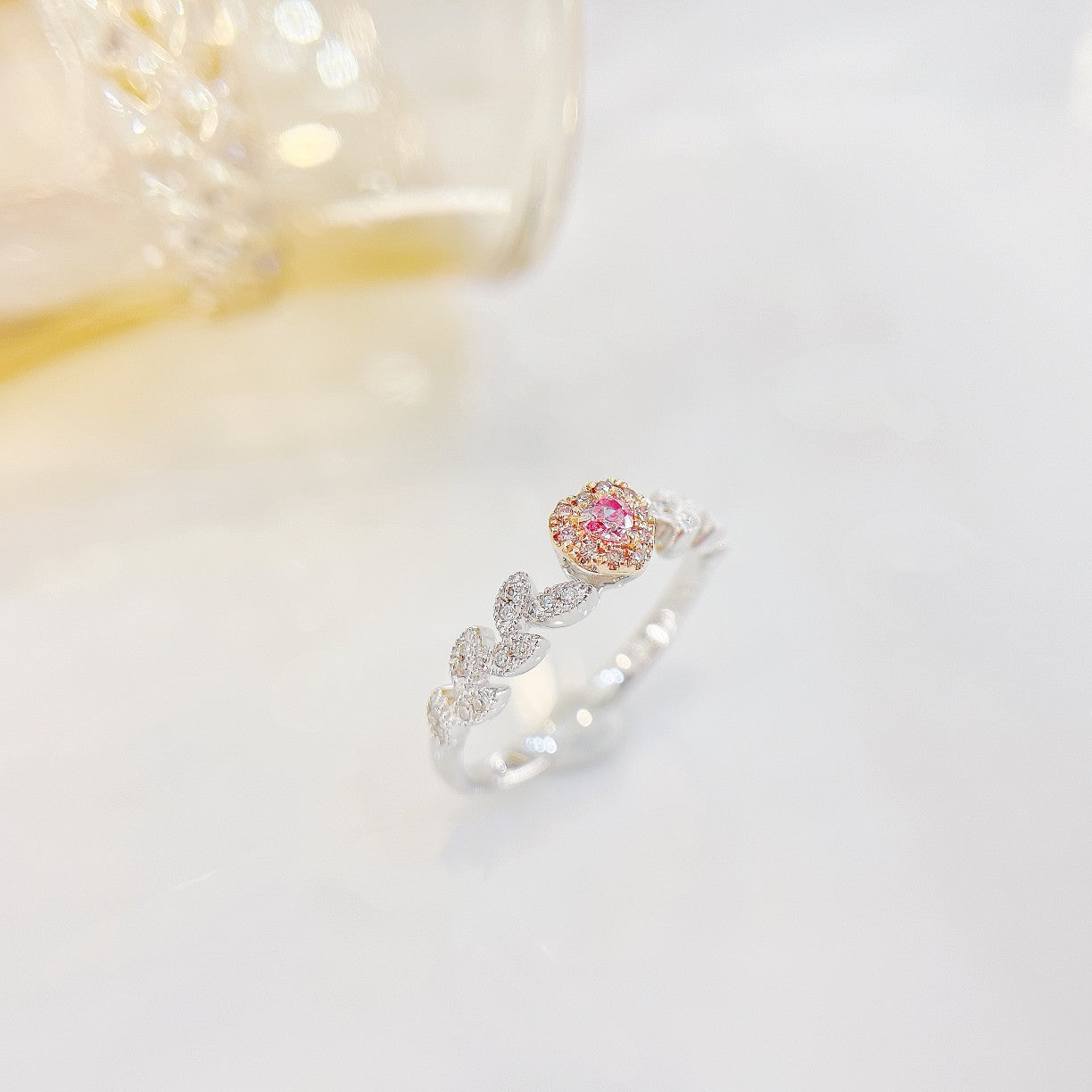 18K Pink Diamond Heart-Shaped Leaf Ring | Premium Jewelry - Pink Diamond Ring