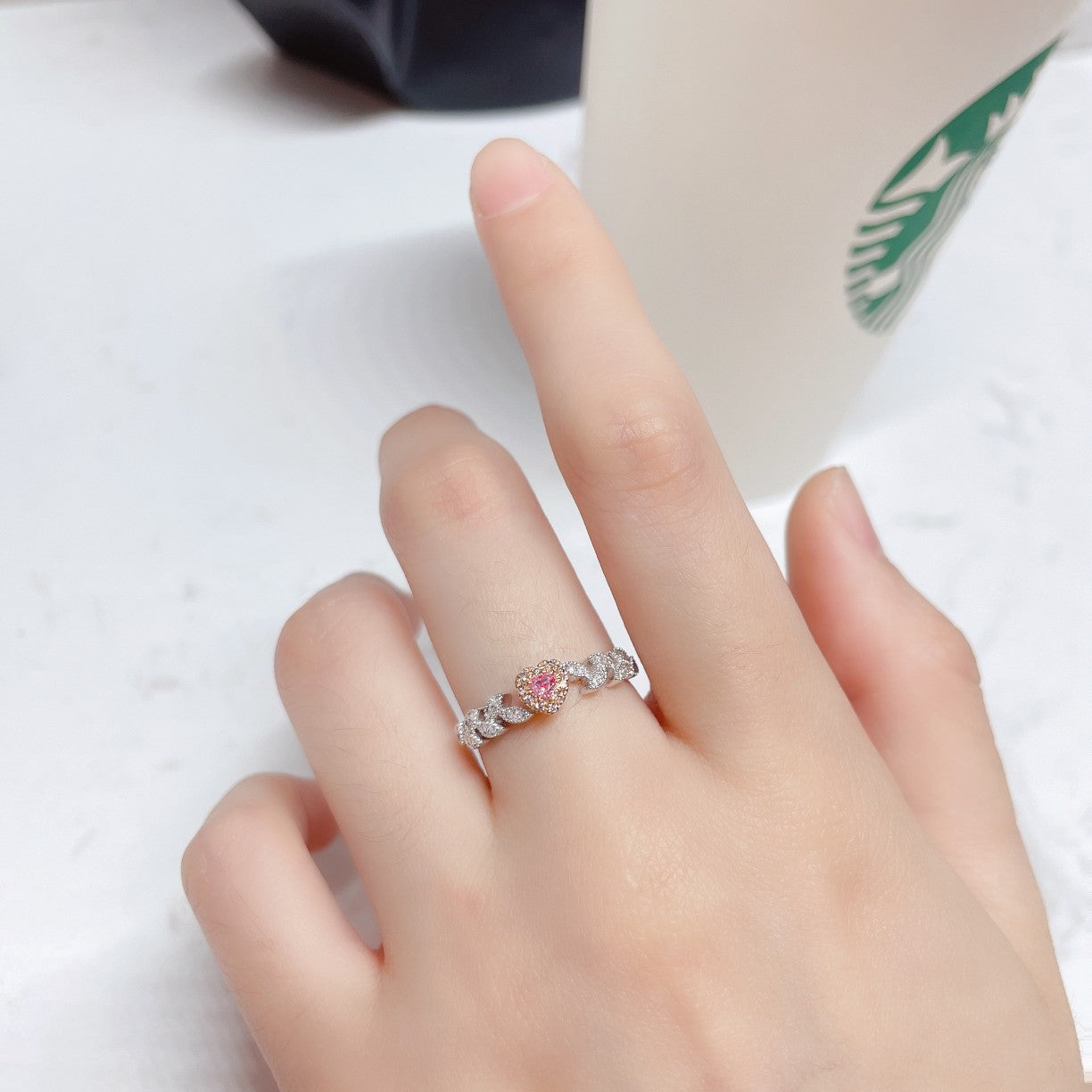 18K Pink Diamond Heart-Shaped Leaf Ring | Premium Jewelry - Pink Diamond Ring