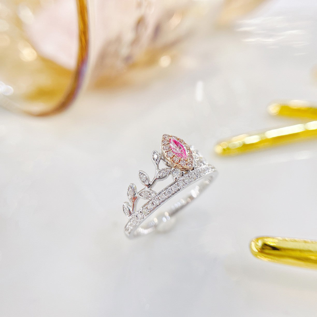 18K Pink Diamond Marquise Crown Leaf Ring - Luxurious Jewelry - Pink Diamond Ring