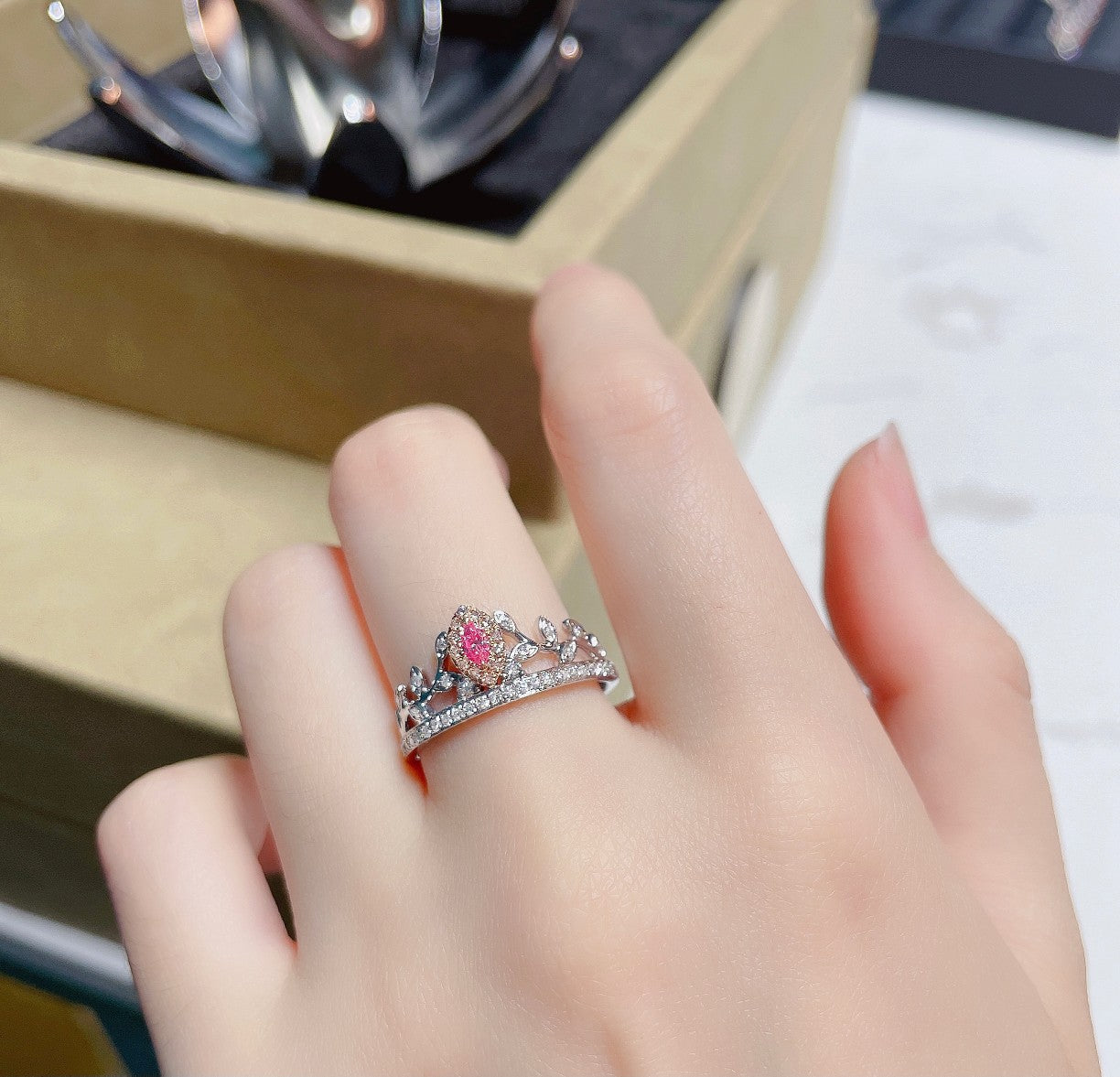 18K Pink Diamond Marquise Crown Leaf Ring - Luxurious Jewelry - Pink Diamond Ring