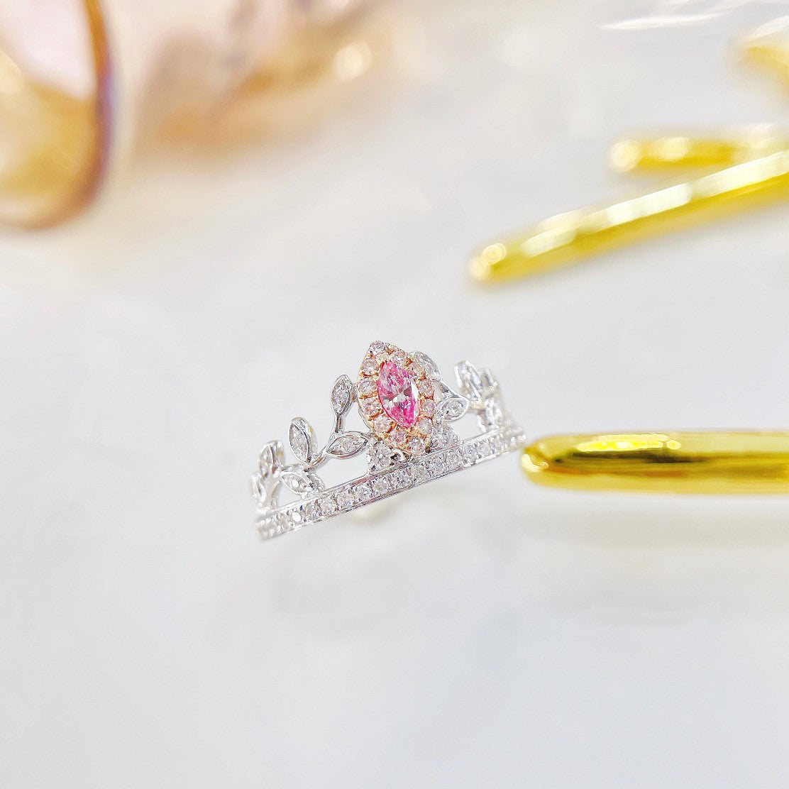 18K Pink Diamond Marquise Crown Leaf Ring - Luxurious Jewelry - Pink Diamond Ring
