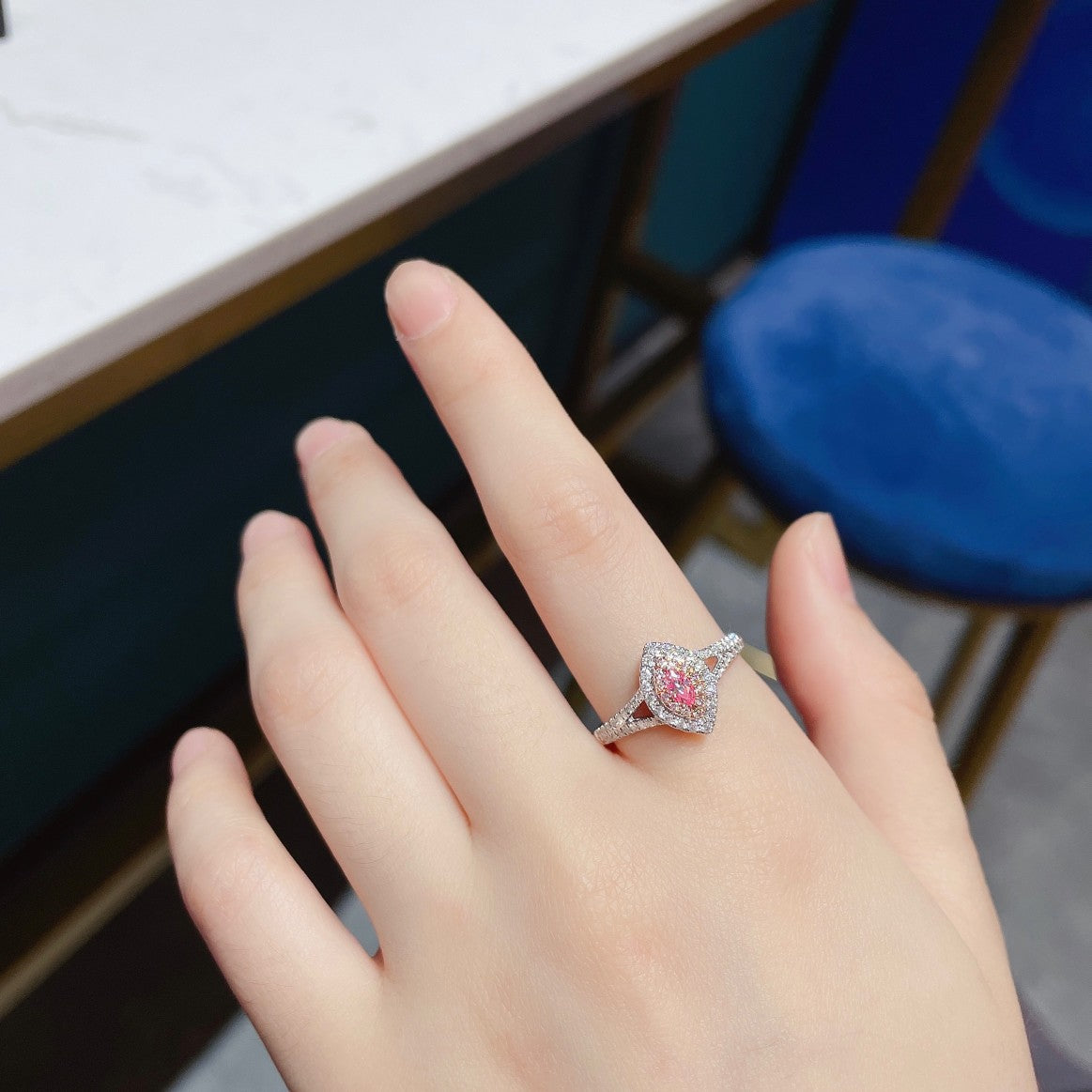 18K Pink Diamond Marquise Halo Y-Arm Ring | Jewelry Gem - Pink Diamond Ring