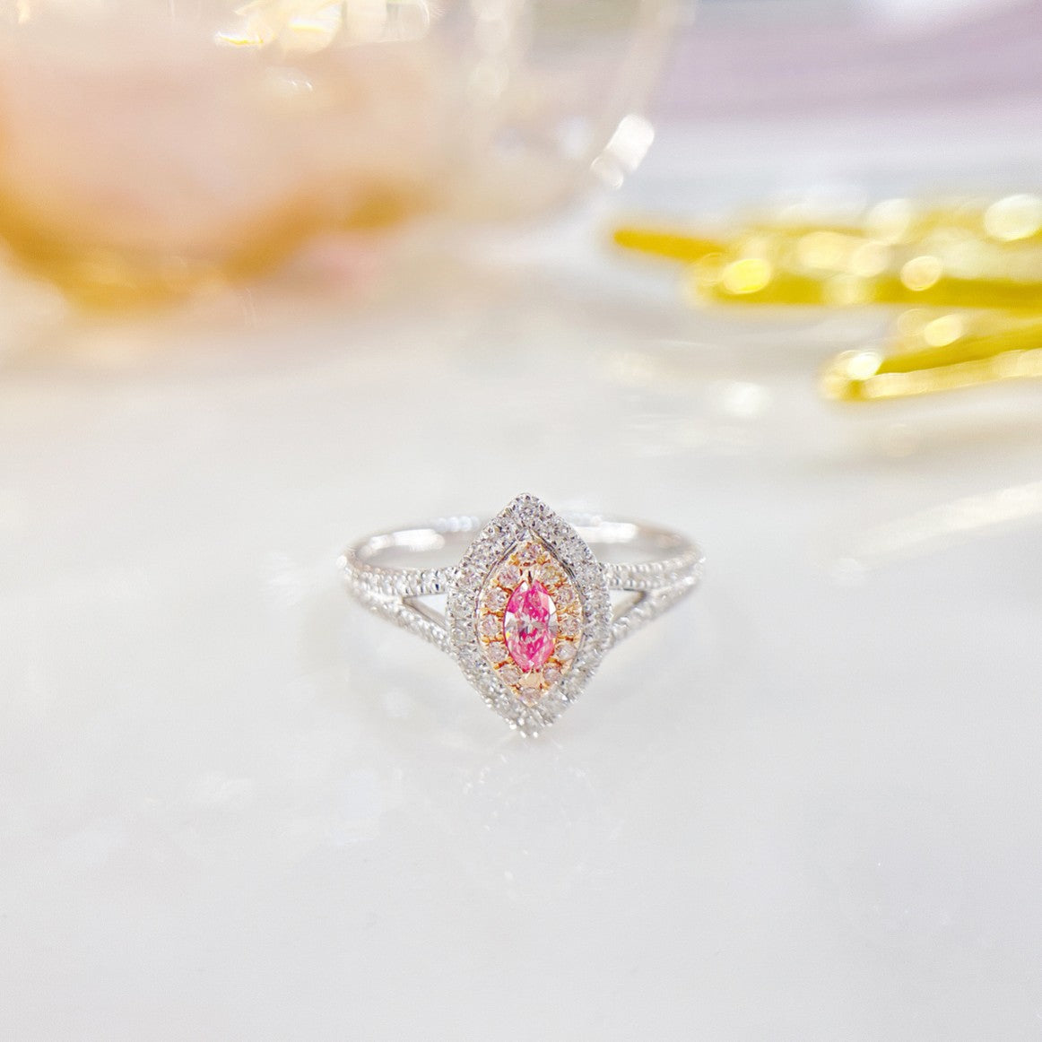18K Pink Diamond Marquise Halo Y-Arm Ring | Jewelry Gem - Pink Diamond Ring