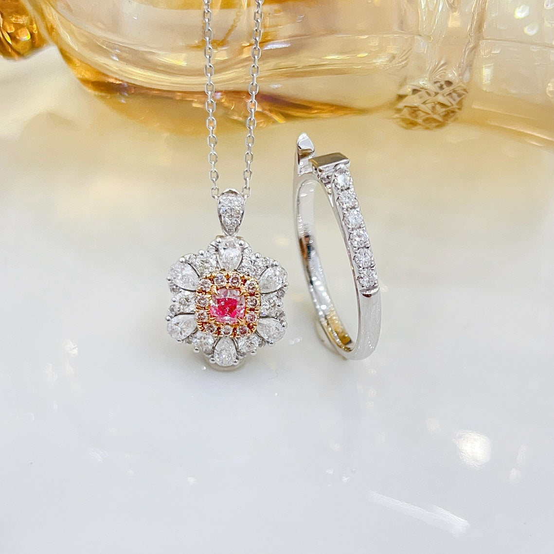 18K Pink Diamond Pillow-Shaped Teardrop Pendant/Brooch - Luxury Jewelry - Pink Diamond Ring