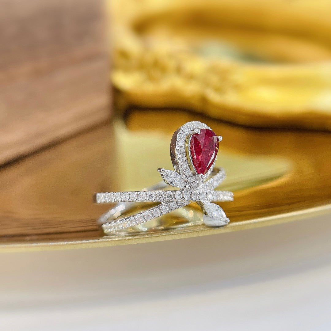 18K Red Gemstone Waterdrop Crossover Ring - Luxury Jewelry - Red Treasure Ring