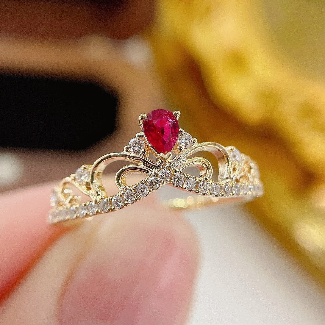 18K Red Gemstone Waterdrop Crown Ring - Luxury Jewelry - Red Treasure Ring