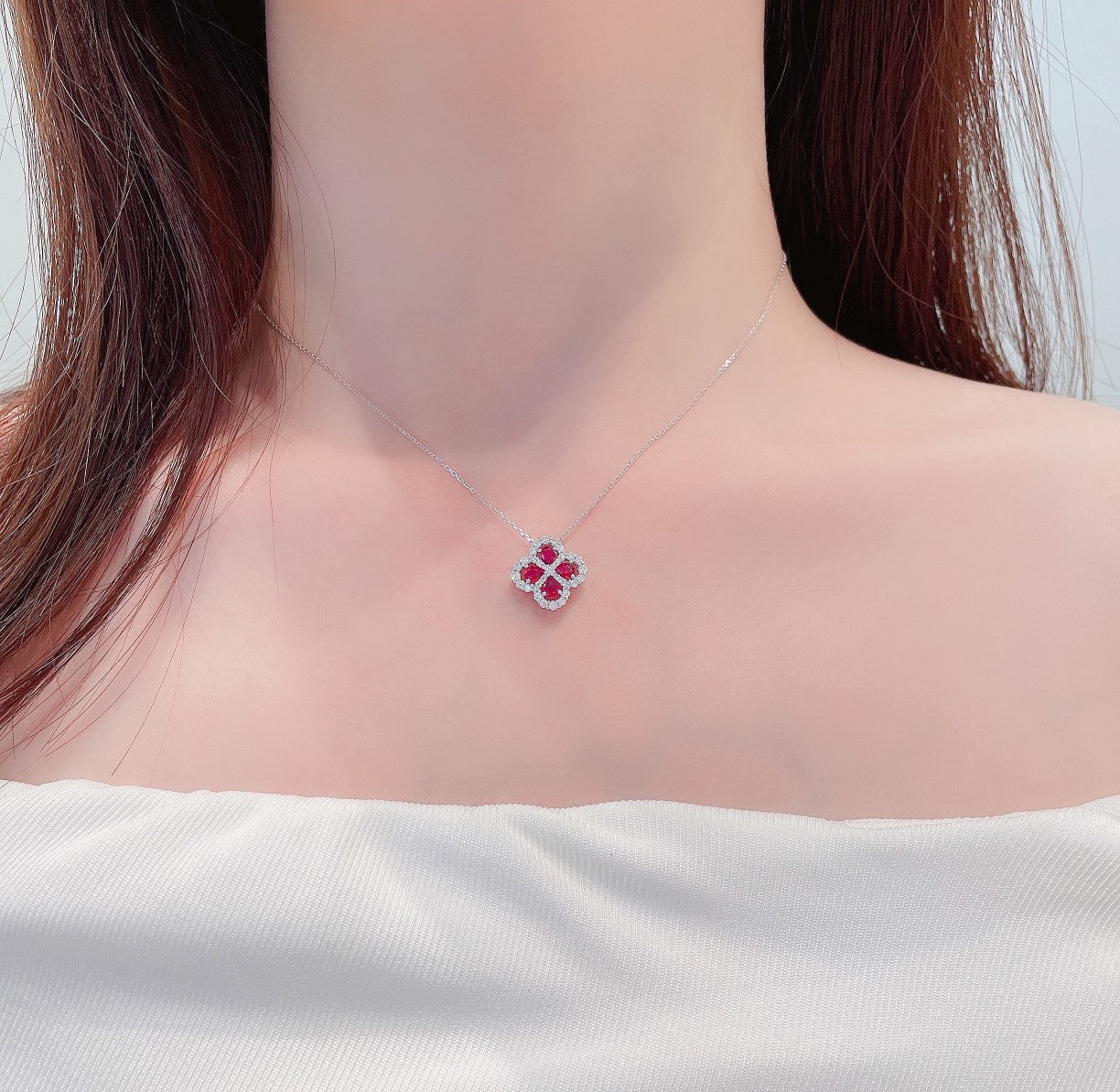 18K Rose Gold Four-Leaf Clover Pendant with Ruby and Diamond - Luxury Jewelry - Red Treasure Necklace